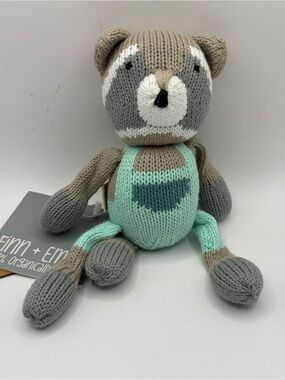 Mint and Gray Knit Raccoon Rattle  Plush